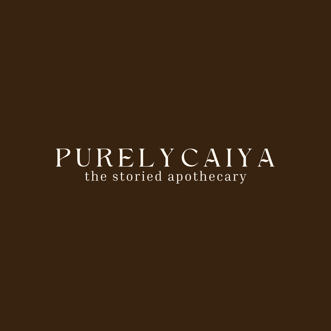 A logo stating "Purely Caiya the storied apothecary" in stylized text over a brown background.